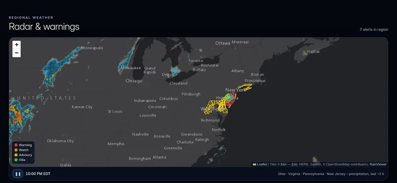 Animated precipitation radar with National Weather Service warnings drawn on the map