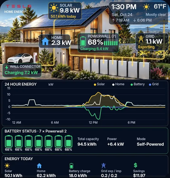 Large iPhone home-screen widget: house in daylight with solar, home, Powerwall, grid and a 24-hour chart