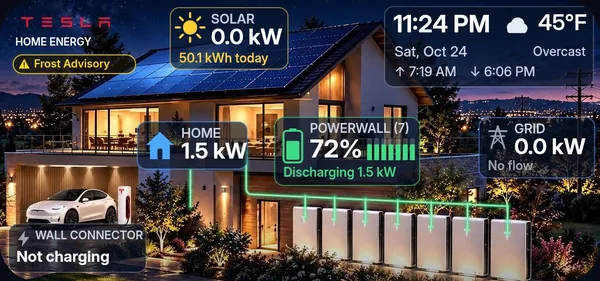 Medium iPhone widget at night: Powerwalls running the house